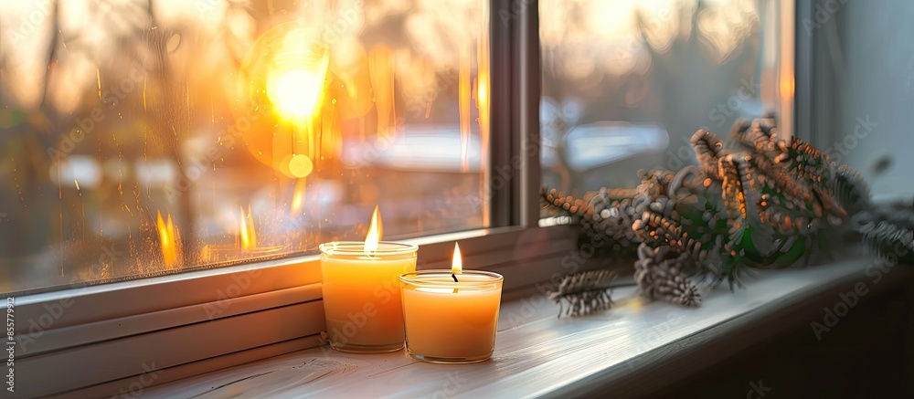 Aufkleber Beautiful burning candles on windowsill. with copy space image. Place for adding text or design