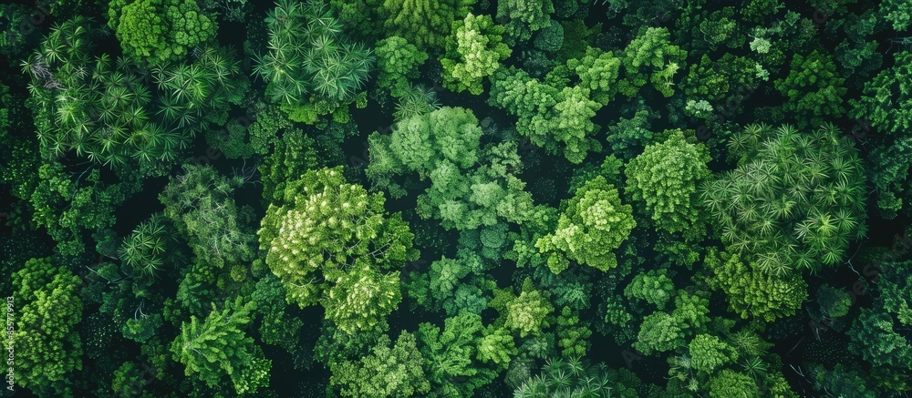 Poster aerial top down view of a green forest, drone view, natural green background. with copy space image. Place for adding text or design