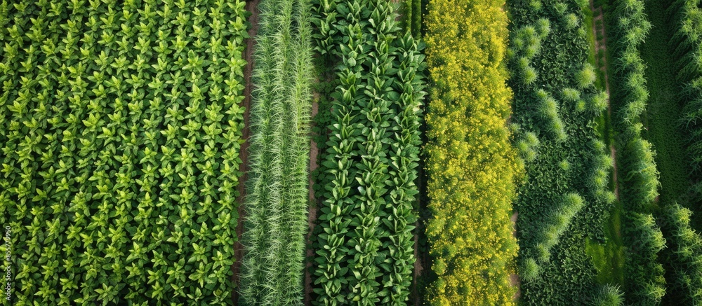 Poster Aerial image of agricultural test plots with different sorts of cereal crops, hybrids, shoot from drone. with copy space image. Place for adding text or design