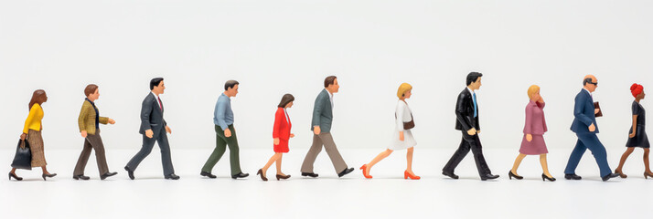 Miniature figures of a diverse group of people in business attire walking purposefully on a white background.