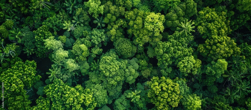 Poster aerial top down view of a green forest, drone view, natural green background. with copy space image.