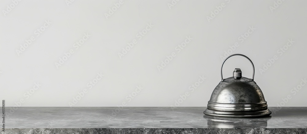 Poster hotel service bell on grey stone table against white background. with copy space image. place for ad