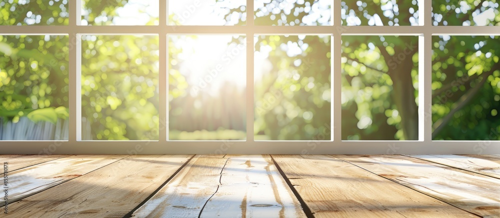 Poster Empty of wood table top on blur of window. For montage product display or design key visual layout. with copy space image. Place for adding text or design