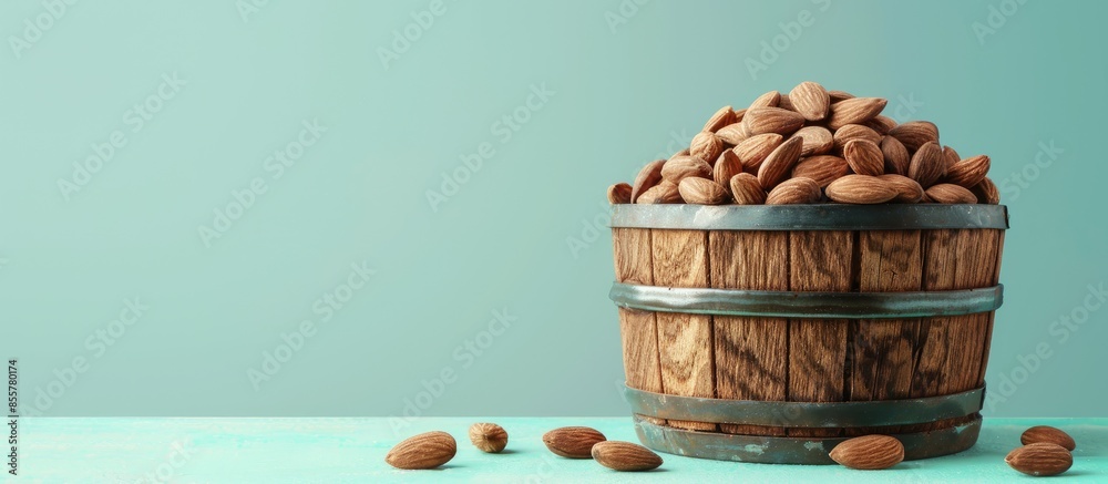 Poster Wooden cask of Almonds Isolated on pastel background. with copy space image. Place for adding text or design