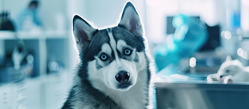 Husky Microchip check by Vet Doctor. Copy space image. Place for adding text or design