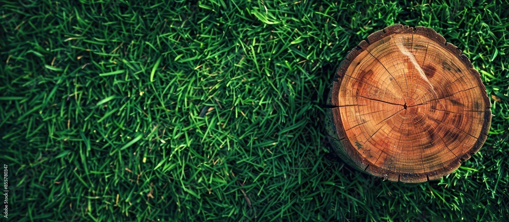 Aufkleber wooden texture, piece of cut wood on grass. with copy space image. place for adding text or design