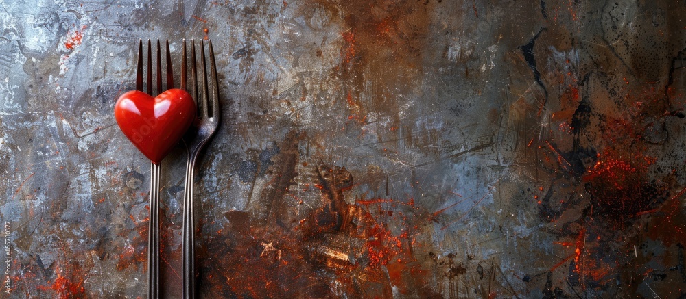Poster Forks and a heart. Holiday menu for Valentines Day. Copy space image. Place for adding text or design