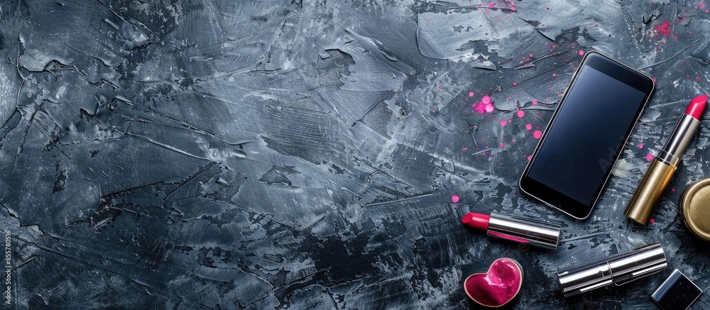 Poster cosmetics and smartphones in the sinkfoundation, lipstick and smartphone. with copy space image. pla