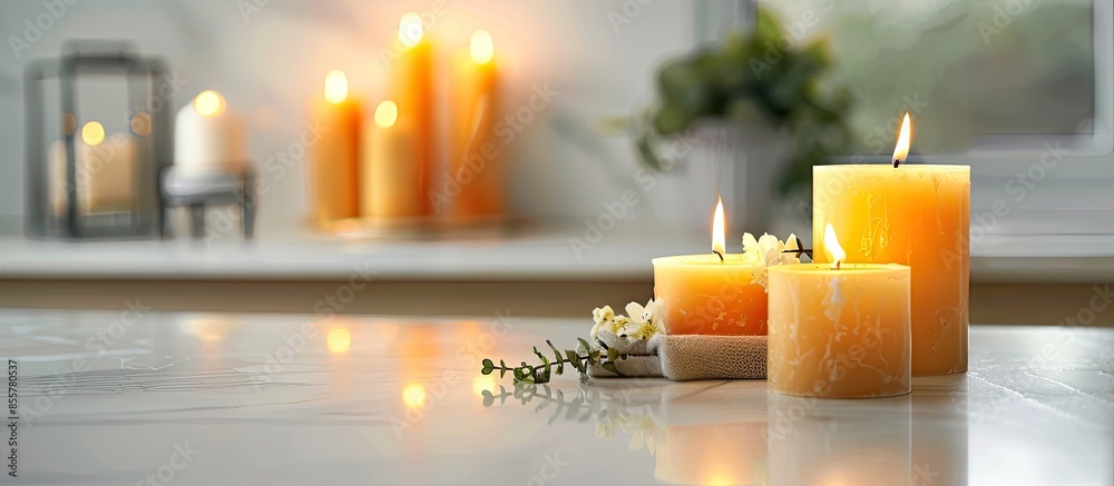 Poster Burning candles on white countertop in room. with copy space image. Place for adding text or design