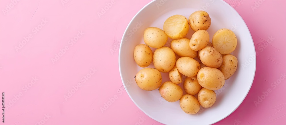 Aufkleber hot boiled potatoes in a white plate on a pastel background. with copy space image. place for adding