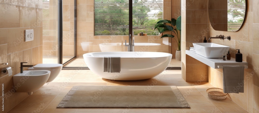 Aufkleber bathroom with cream tiled floor, brown tiled walls, cream double hand basin and white standalone bat