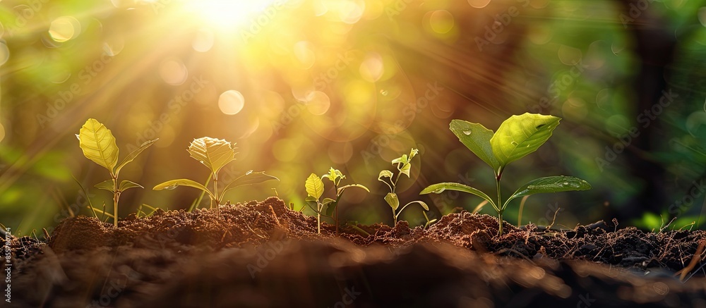Leinwandbilder the seedling are growing from the rich soil to the morning sunlight that is shining, ecology concept