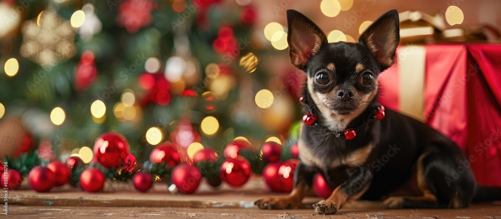Poster black chihuahua dog in christmas interior. with copy space image. place for adding text or design