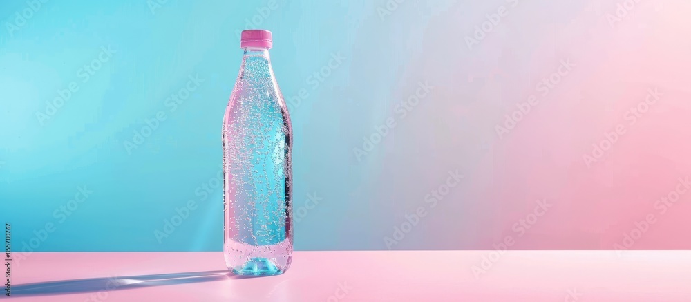 Poster Transparent soft drink soda bottle without label isolated on a pastel background. with copy space image. Place for adding text or design