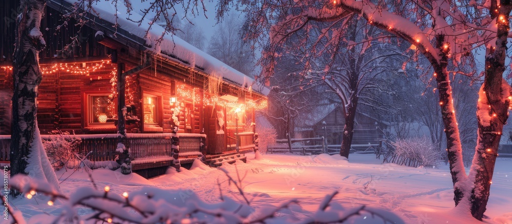 Aufkleber wooden house with terrace with red illumination in winter evening in village. copy space image. plac