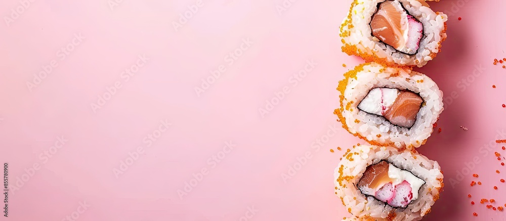 Fototapete cheese and chicken sushi isolated with pastel background. with copy space image. place for adding te