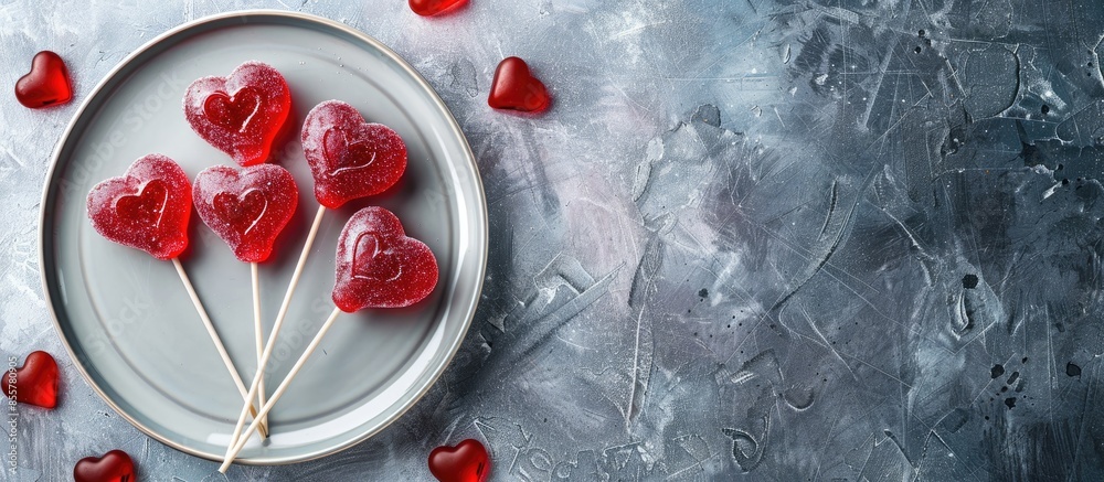 Poster valentine's day concept. top view photo of heart shaped lollipops plates with candies and inscriptio