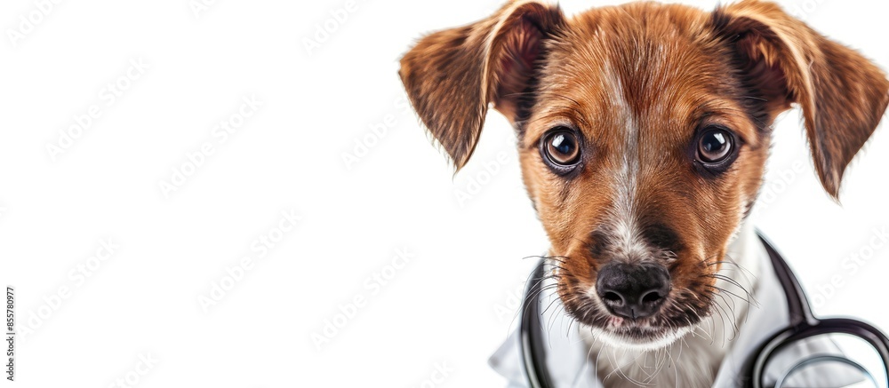 Poster puppy dog dressed as a vet - isolated over a white background. copy space image. place for adding te