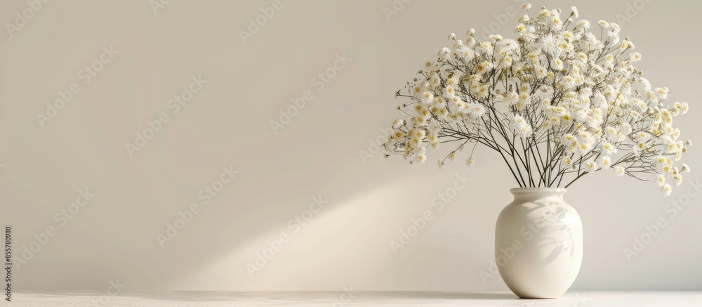 Poster beautiful flower chrysanthemum, gypsophila in a vase on a light background. with copy space image. p