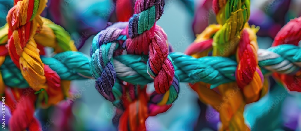 Aufkleber Arrow connection network as a social connected networking community joining together as a group of diverse ropes tied. Copy space image. Place for adding text or design
