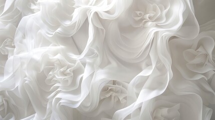 White fabric decorations with delicate curtain flounces and ruffles