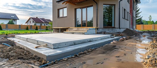 New Home House Construction Concrete Cement Foundation Patio Builders Smooth. with copy space image. Place for adding text or design