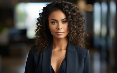 Fototapeta premium A woman with curly hair is wearing a black suit and standing in front of a window. Concept of professionalism and confidence, as the woman is dressed in a business suit