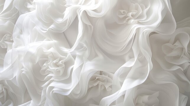 White fabric decorations with delicate curtain flounces and ruffles