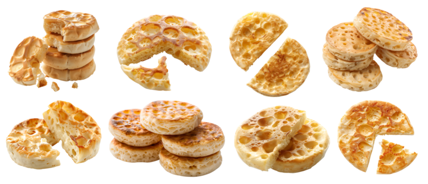Crumpet Crumpets griddle pancake bread bun on transparent cutout, PNG file. Many assorted different angles, stack, broken, pile, slice. Mockup template for artwork
