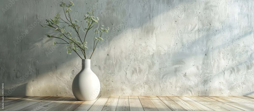 Poster empty white small bottle flower vase on wooden floor with modern loft cement wall background. with c