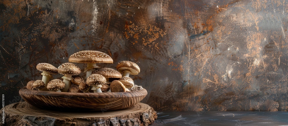 Poster old wooden sink with mushrooms and river gravels. with copy space image. place for adding text or de