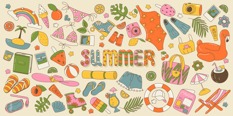 Big set of cute summer stickers. Clothes, fruits, drinks, ice creams, cameras, swimsuits, ball, book etc. Cool groovy cartoon colorful hand draw illustration with outline, isolated