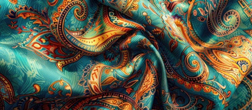 Shawl Boho Fabric. Teal Fur Color Shawl Border. Cute Interior Psychedelic Design. Romb Summer Boho Fabric. Indonesian Fashion Ikat Textile. Paisley Fur Artistic. with copy space image