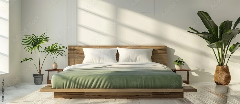 Poster Green comfortable mattress on a wooden frame. with copy space image. Place for adding text or design