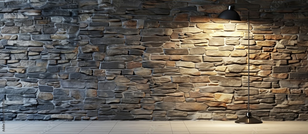 Poster stone wall interior design and modern lamp. with copy space image. Place for adding text or design