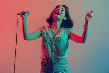 Portrait of a happy caucasian woman in her 20s dancing and singing song in microphone isolated on solid color backdrop