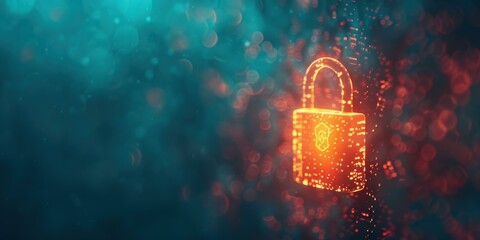 A glowing digital padlock representing cyber security technology with a blue and orange bokeh background.