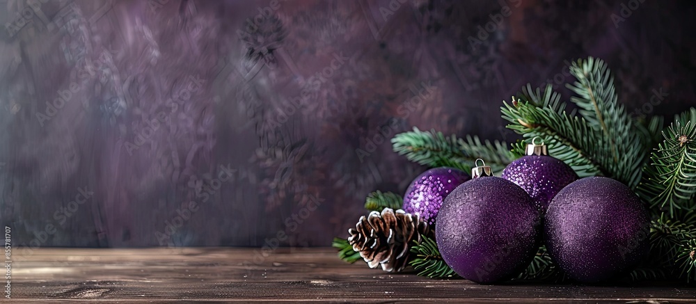 Poster christmas still life with beautiful purple balls. with copy space image. place for adding text or de