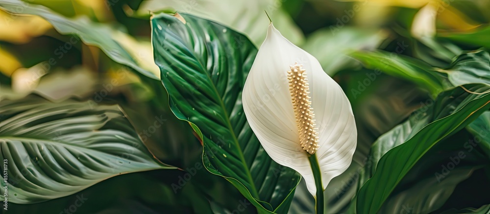 Poster houseplant - spathiphyllum floribundum (peace lily). white flower on the background of green leaves 