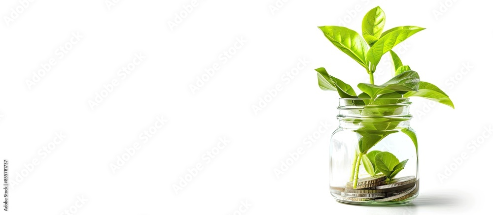 Poster Plant growing from coins in glass jar isolated on white background. Investment and interest concept. with copy space image. Place for adding text or design