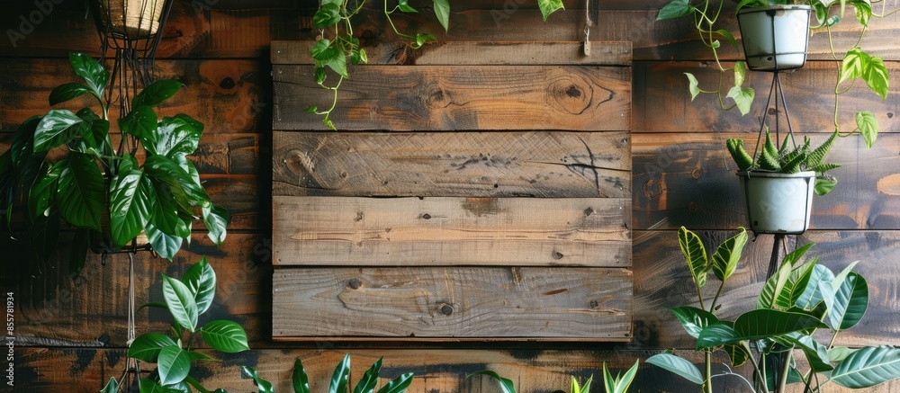 Poster Old plank wood hanging on wall and collection of houseplants. with copy space image. Place for adding text or design