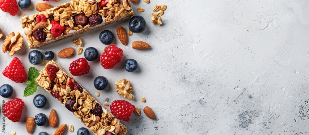 Aufkleber Granola bar and ingredients on a white stone table. Cereal granola bar with nuts, fruit and berries. Top view long banner format. with copy space image. Place for adding text or design