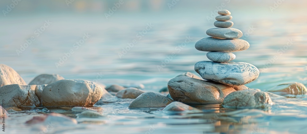 Poster stones pile in the river pastel background water beach. with copy space image. place for adding text