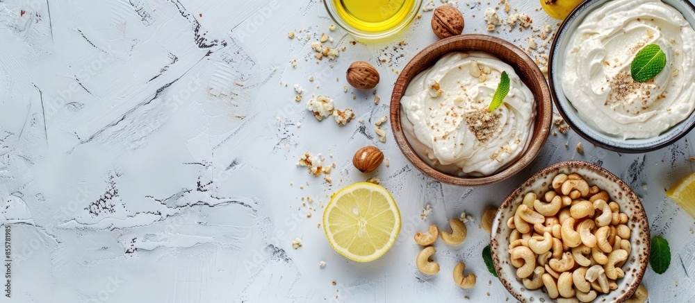 Leinwandbilder tray with cashew sour cream, nuts and lemon juice on light background, closeup. copy space image. pl