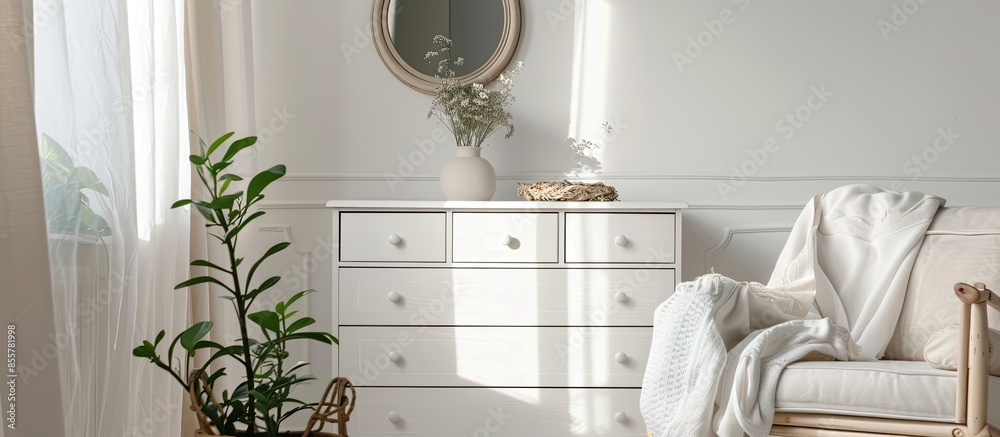 Poster white chest of drawers, armchair and mirror in room. interior design. with copy space image. place f
