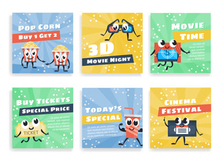 Cinema special offer sale discount promo social media post design template set vector flat