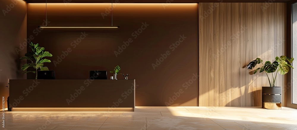 Poster brown interior of office and desk. Copy space image. Place for adding text or design