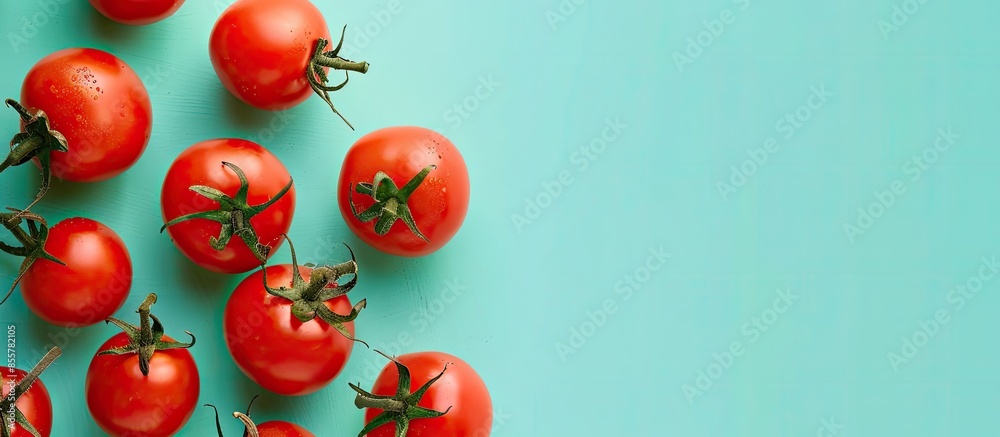 Poster red tomatoes on pastel background. food summer isolated. with copy space image. place for adding tex