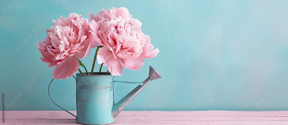 Aufkleber tin watering can with a large pink peony flower on a pastel background, closeup. with copy space ima
