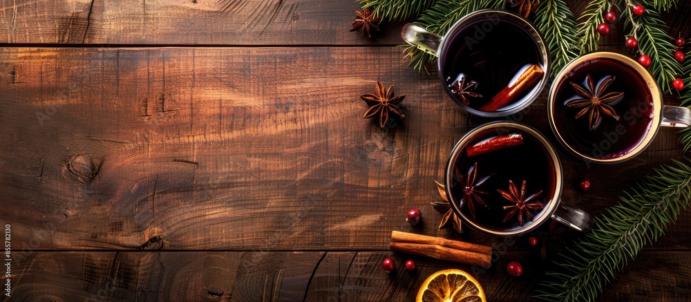 Leinwandbilder mulled wine and spices on wooden background. with copy space image. place for adding text or design